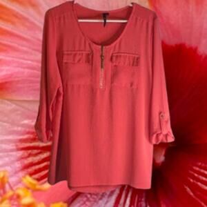Kathy Large 3/4 sleeve coral polyester blend stretch woman's summer blouse.